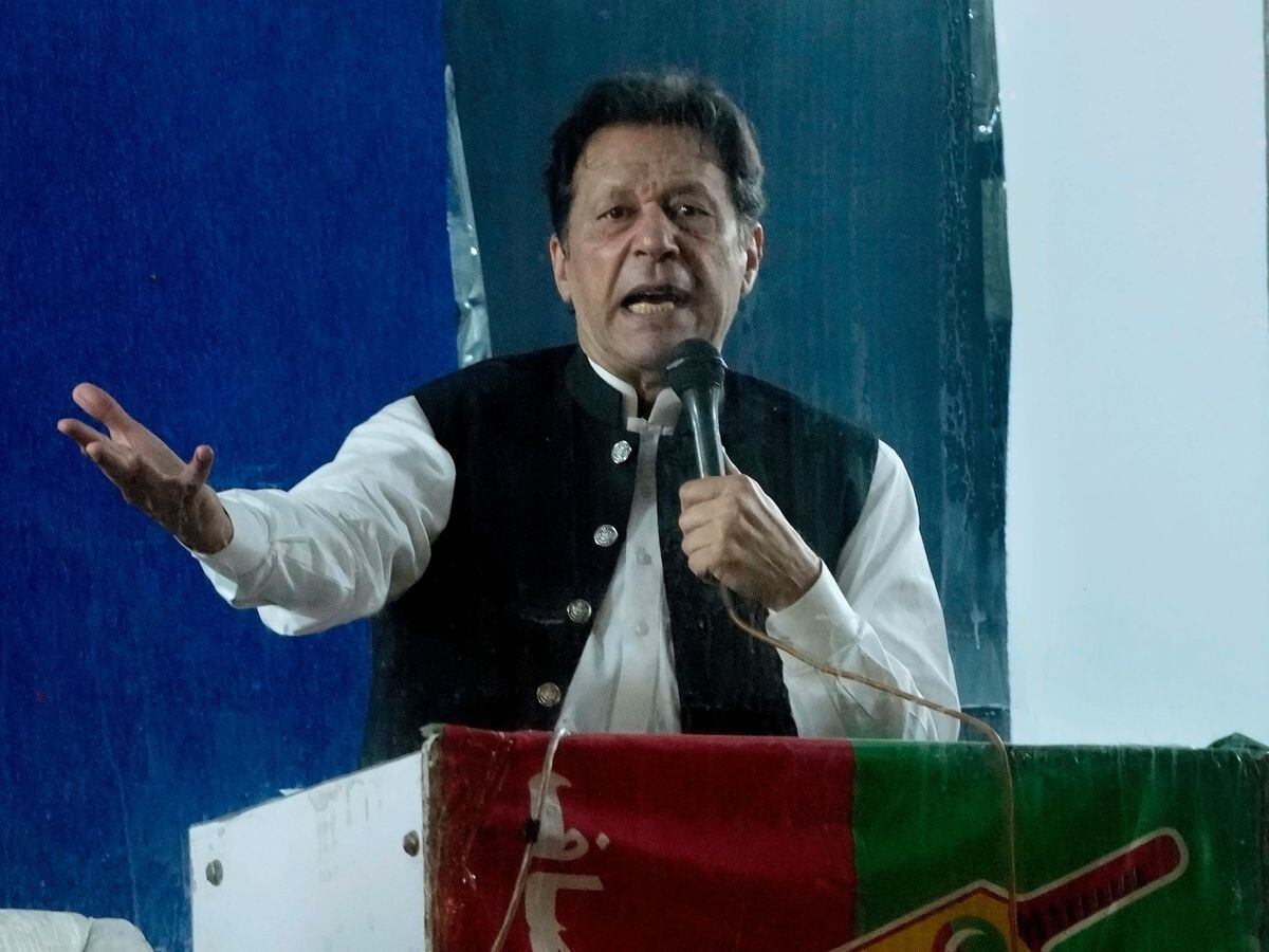 Former prime minister Imran Khan speaks during a rally in Lahore