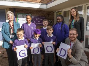 Pupils join Councillor Jacqui Coogan (Wolverhampton Council's cabinet member for Education, Skills and Work), Tamsin Davis (principal), Councillor Christopher Burden (cabinet member for Children and Young People), to celebrate St Anthony’s Catholic Primary Academy's Good Ofsted rating.