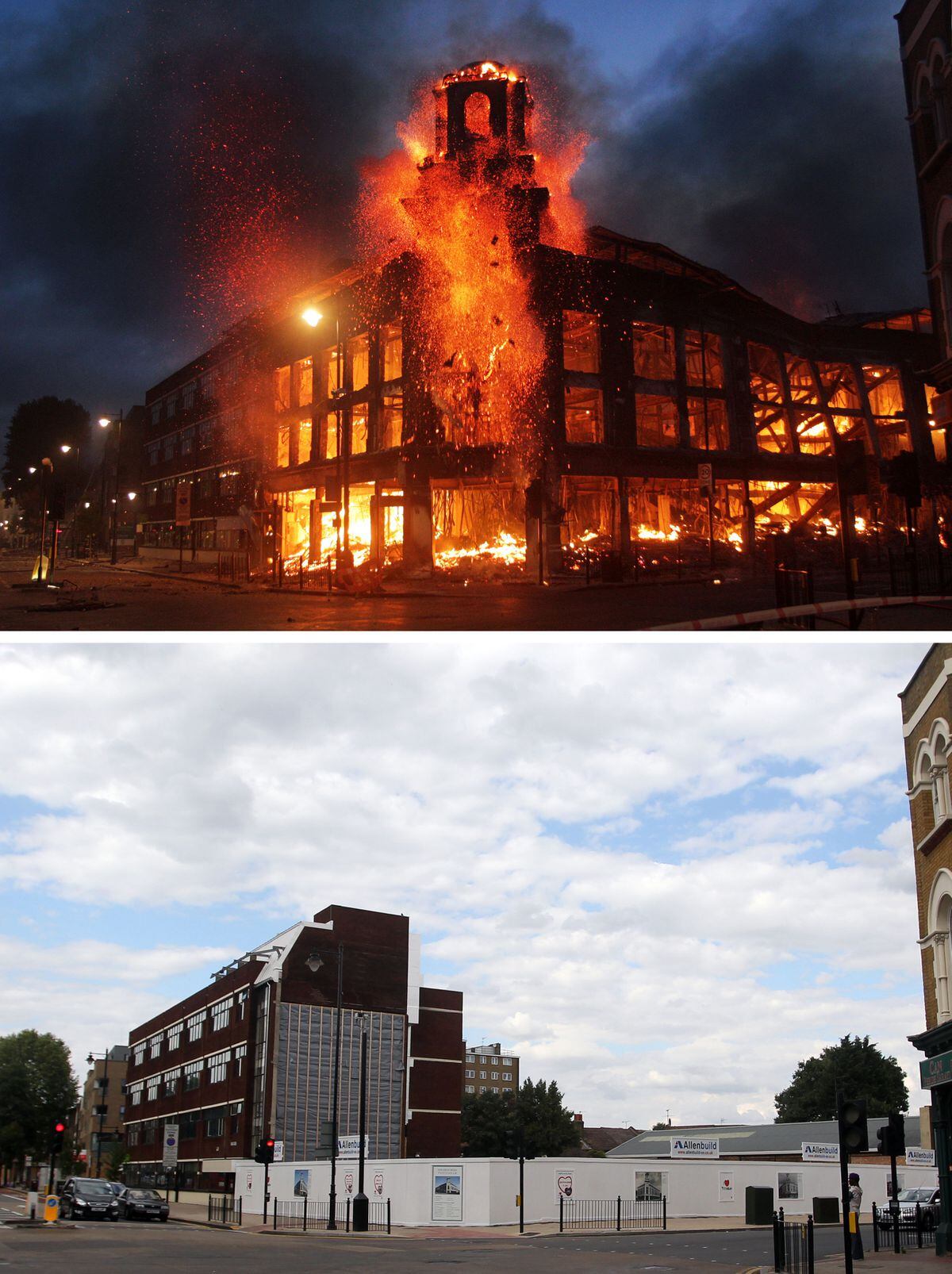 The infamous site of a burning carpet shop in Tottenham, London, during the riots