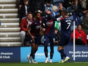 Darnell Furlong celebrates the opening goal with Grady Diangana (Photo by Adam Fradgley/West Bromwich Albion FC via Getty Images).