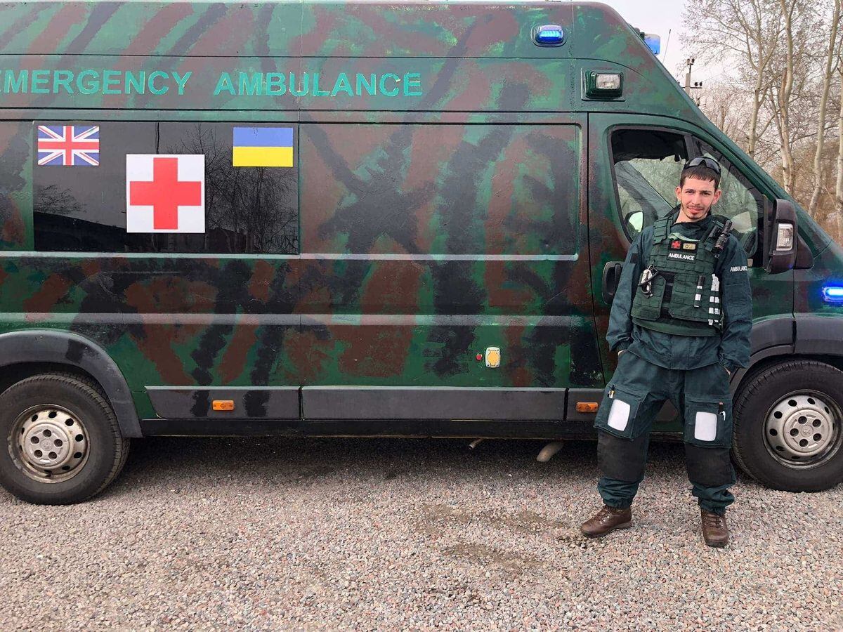 Conor Braithwaite in front of an ambulance in Ukraine