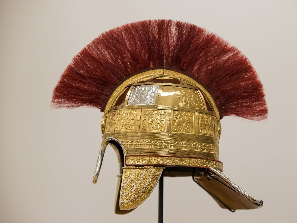 A reconstruction of a helmet found in the Staffordshire Hoard at the Birmingham Museum and Art Gallery
