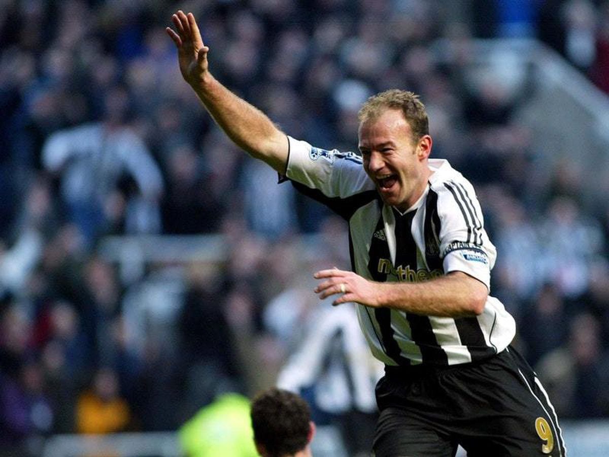 Alan Shearer celebrates scoring a goal for Newcastle