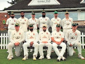 Wolverhampton Cricket Club’s first XI lin up for the camera: Back row, from left, Aqab Ahmed, Kieron Patel, Brad Fallon, Sandeep Dhillon, Tom Fell, Charlie Home. Front, from left: Jack Stanley, Ramanjot Jaswal, Will Nield (captain), Warrick Finn and Joe Stanley.