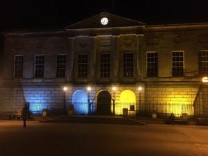 The Shire Hall building in Stafford was lit up in blue and yellow as a mark of support for Ukraine