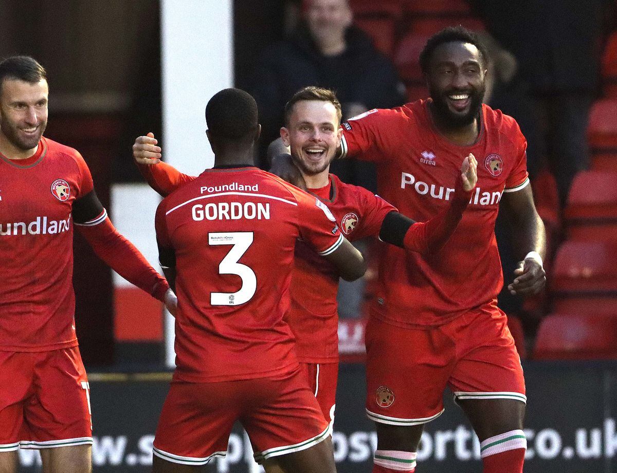 Walsall v Mansfield.Liam Kinsella (C) celebrates his goal with Liam Gordon (3) and Manny Monthe..