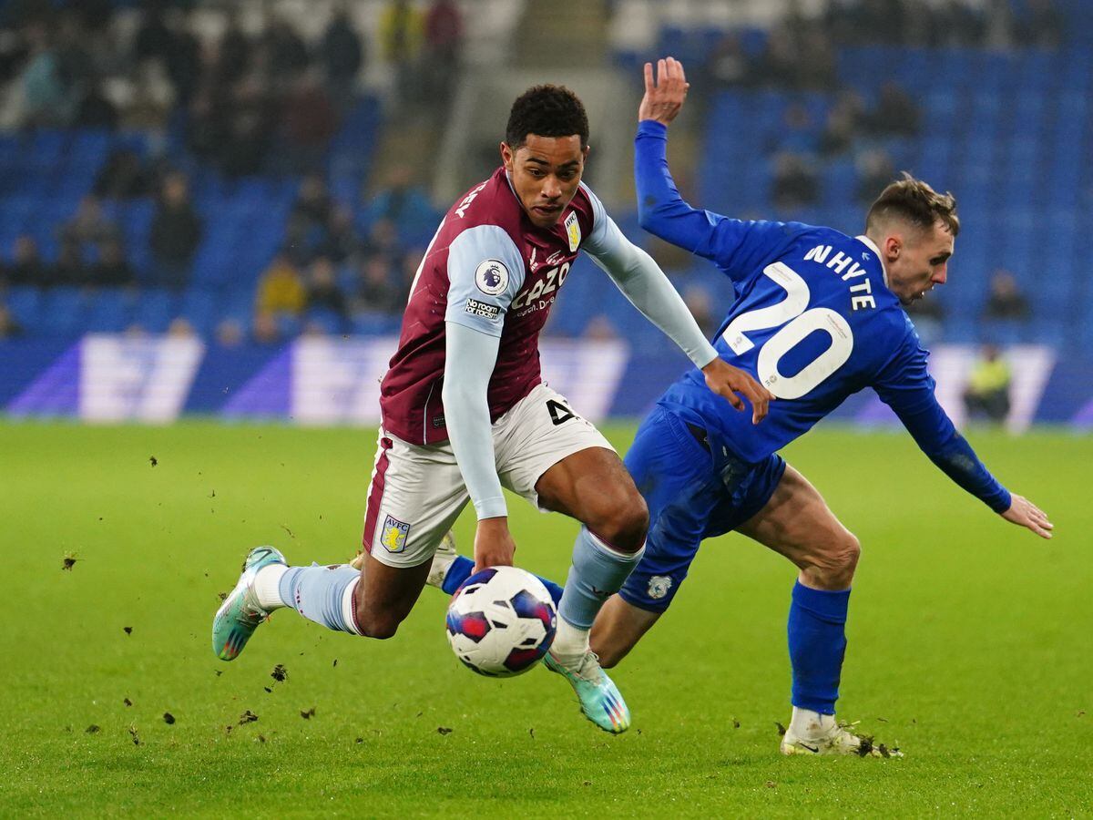 Aston Villa's Jacob Ramsey and Cardiff City's Gavin Whyte during the Peter Whittingham Memorial Match at the Cardiff City Stadium. Picture date: Wednesday November 30, 2022. PA Photo. See PA story SOCCER Whittingham. Photo credit should read: David Davies/PA Wire...RESTRICTIONS: Use subject to restrictions. Editorial use only, no commercial use without prior consent from rights holder..