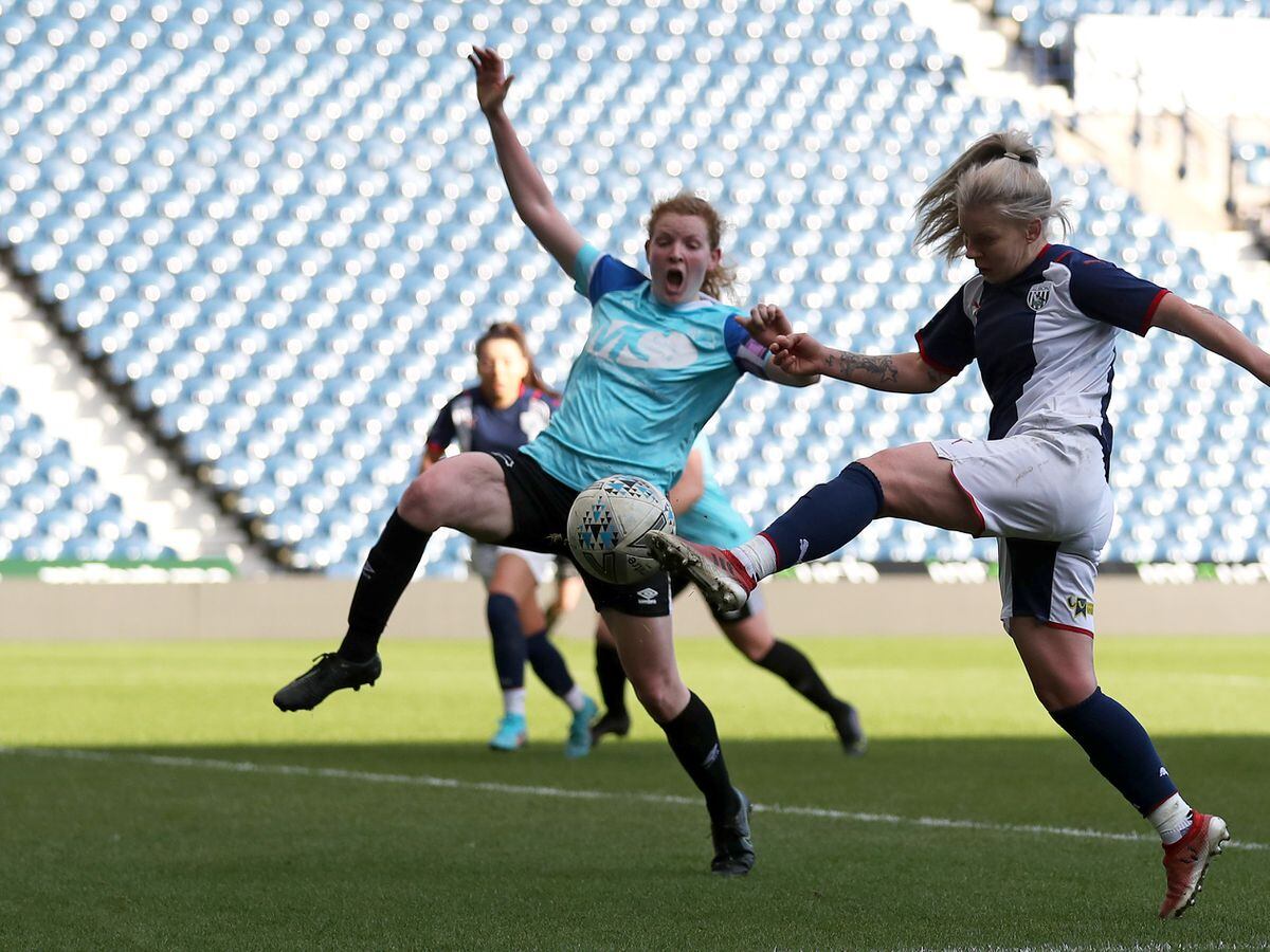 WEST BROMWICH, ENGLAND - MARCH 06: Amy Sims of Derby County and Leigh Dugmore of West Bromwich Albion during the FA Womenâs National League North match between West Bromwich Albion and Derby County at The Hawthorns on March 6, 2022 in West Bromwich, England. (Photo by Adam Fradgley/West Bromwich Albion FC via Getty Images).