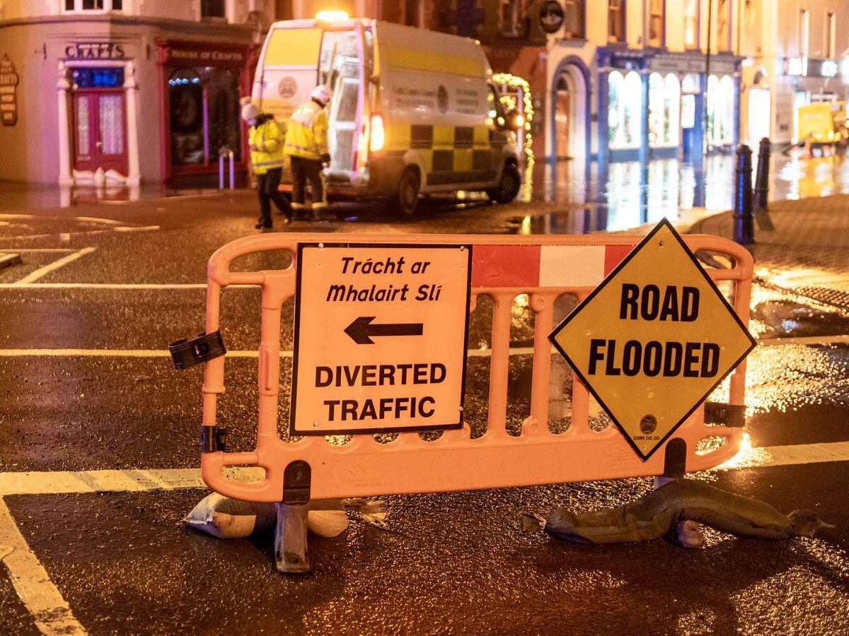 Diversion signs amid flooding in Bantry, Co Cork