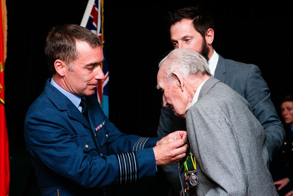 John William Bray, 97, from Albrighton, presented with the honour by Group Captain Tone Baker