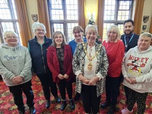From left to right: Shirley Chance, Delia Mills, Ann Cope, Dawn Hadley, Councillor Sue Greenaway (Mayor of Dudley), Dawn Toogood, Councillor Shaz Saleem (cabinet member for highways and public realm) and Gail Maiden  