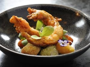 Sublime – soft shell crab in crispy Kashmiri chilli batter, with three small Devonshire crab cakes, tomato chutney and mango                            Pictures Andy Richardson