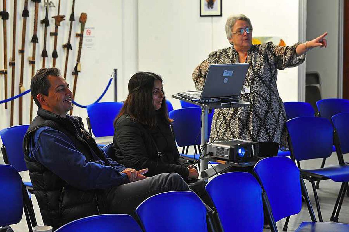 Sue Grainger, head of libraries, heritage and arts gives her presentation to the audience of three, including North Walsall parliamentary hopeful Douglas Luke Hansen and supporter Jas Sangha