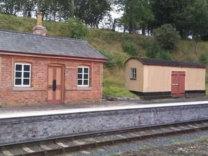Photo shows Eardington Station on the left with a digital recreation of how the ‘tin shed’ might have looked on the right