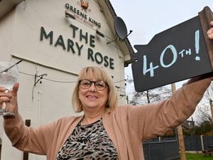 Landlady Julie Yapp celebrates the 40th anniversary of the revamped Mary Rose public house, in Cheslyn Hay