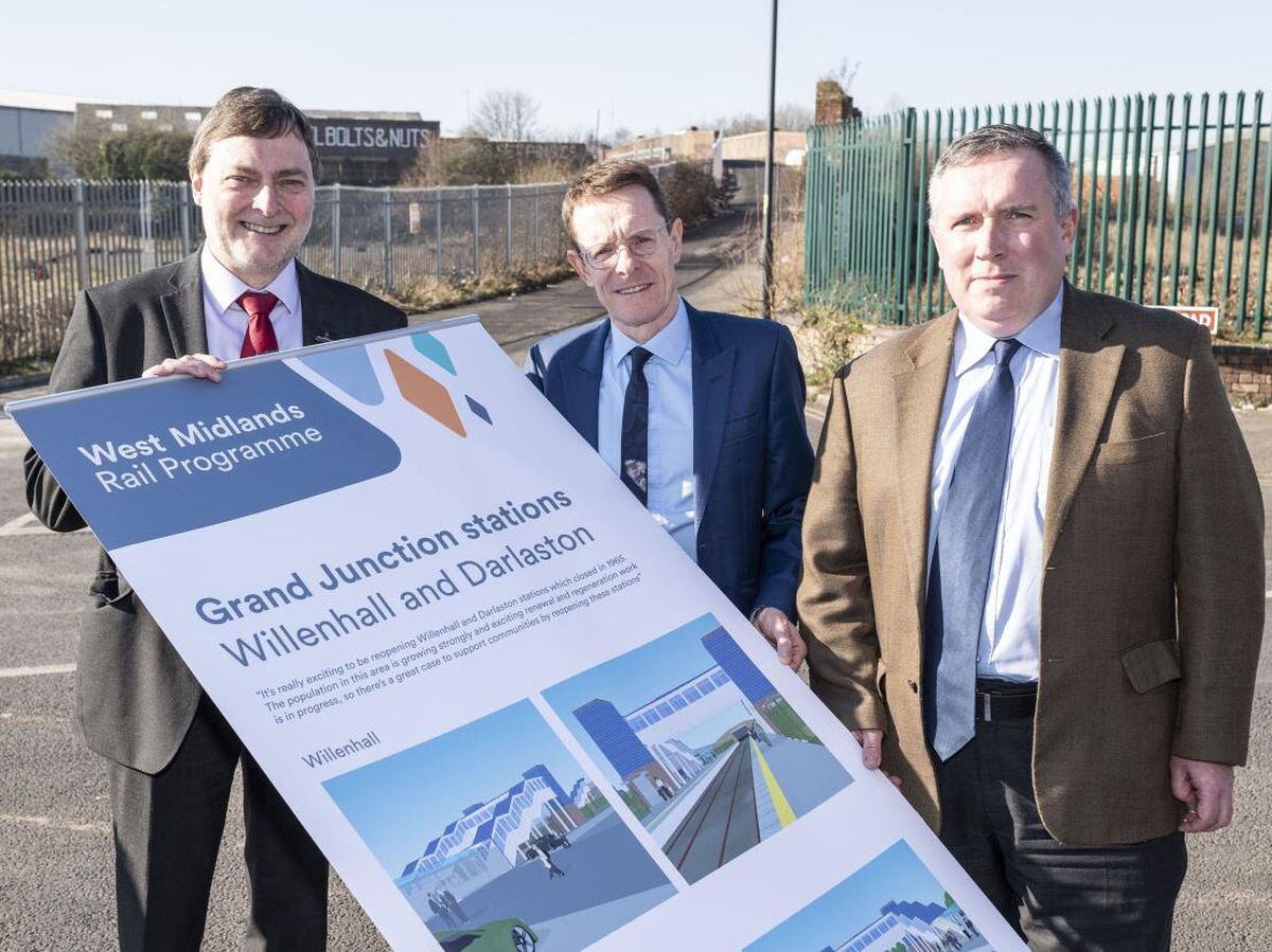 Councillor John Reynolds, Mayor of the West Midlands Andy Street and Councillor Adrian Andrew unveiled the plans at the Darlaston station site in 2019