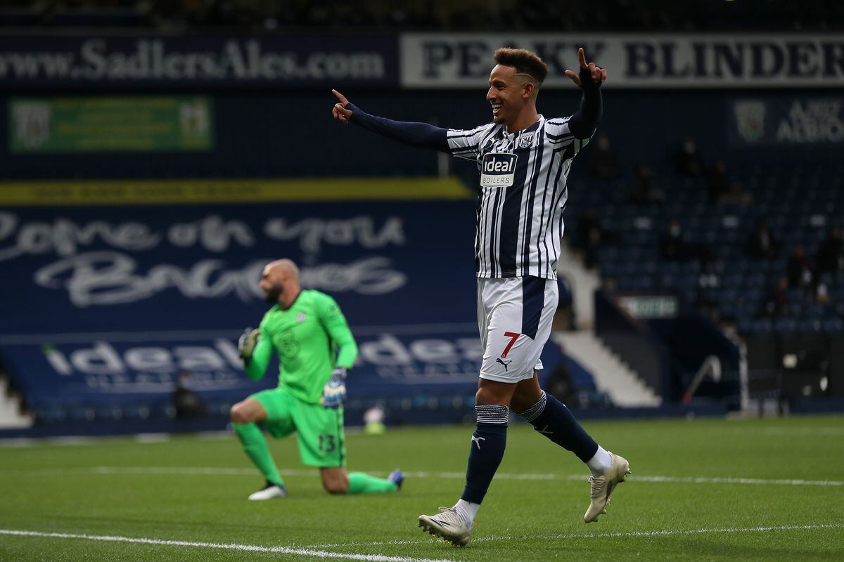 Callum Robinson of West Bromwich Albion celebrates after scoring a goal to make it 1-0. (AMA)