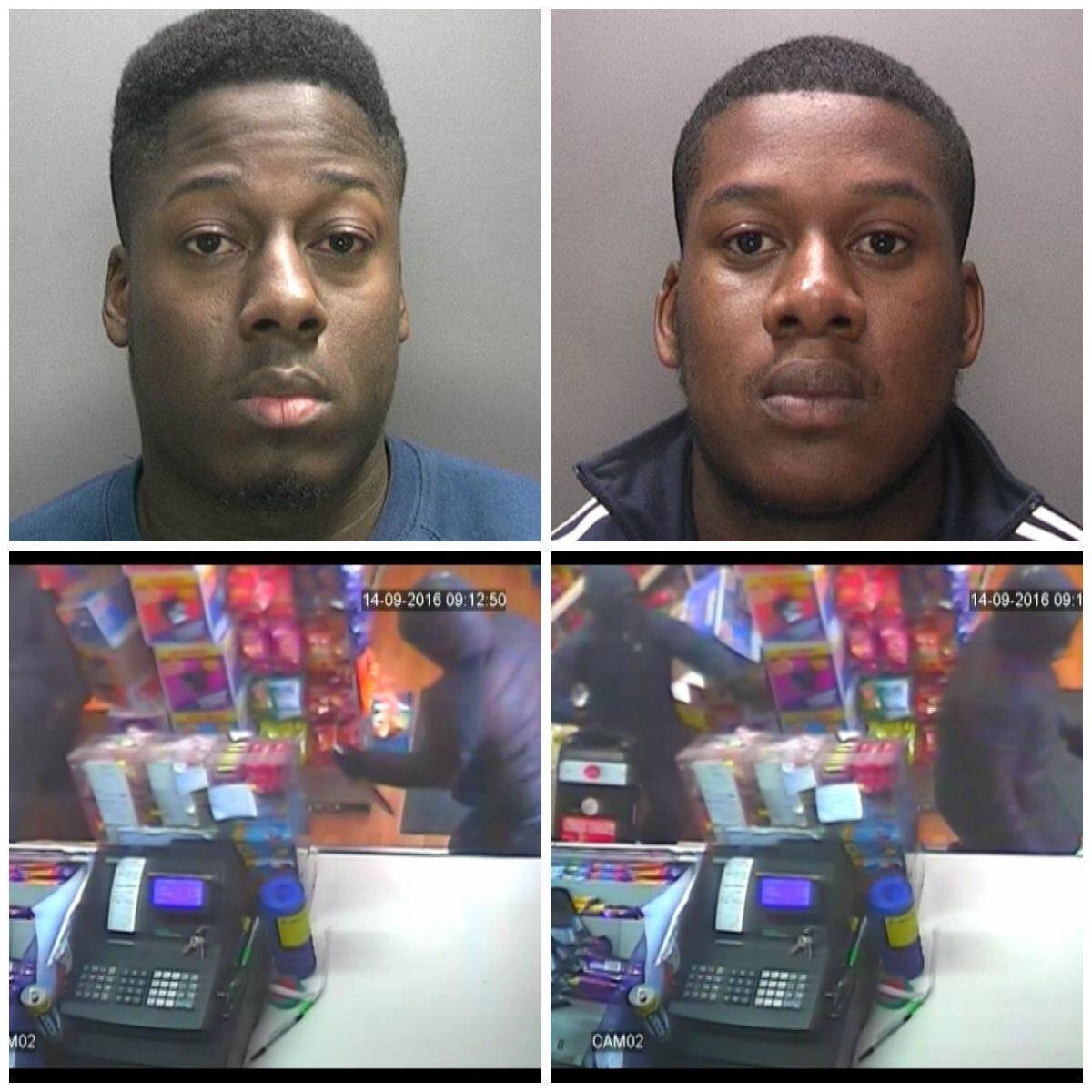 Left to right: Shani Ebanks, Simeon Ebanks and CCTV footage of one of the robberies