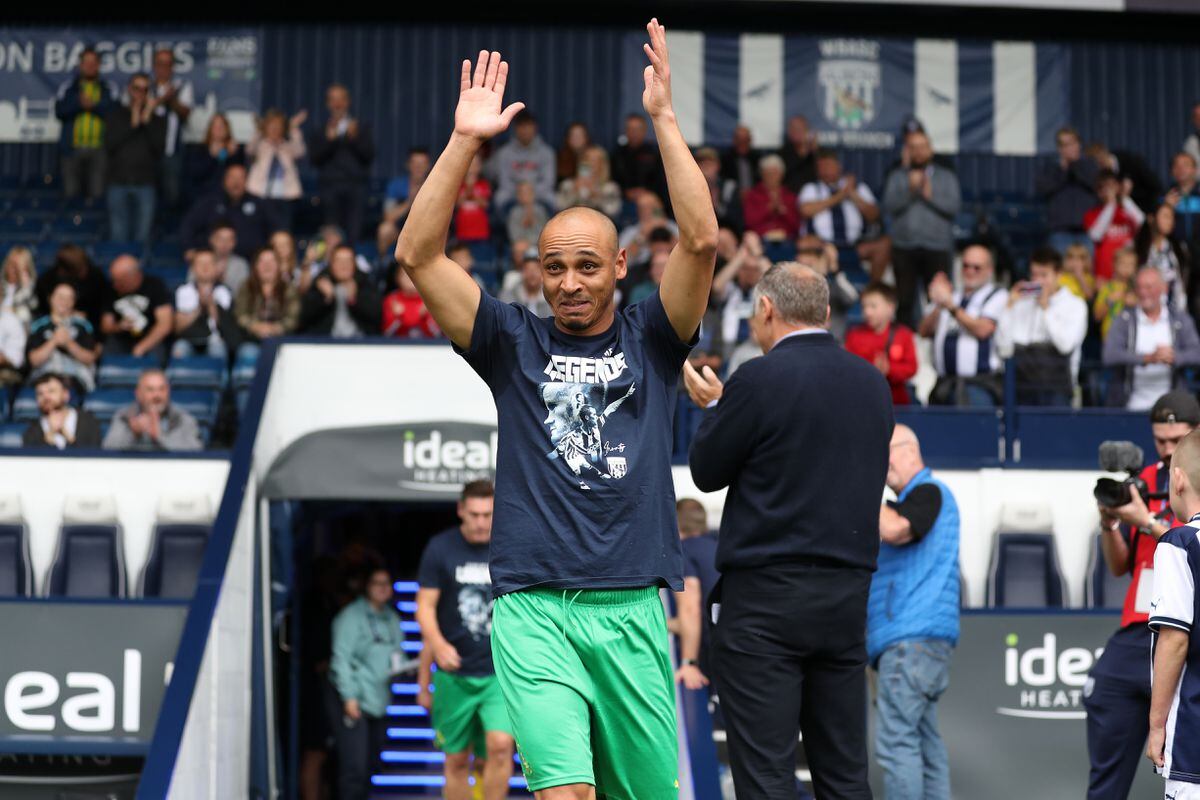 Peter Odemwingie and former West Bromwich Albion players for both Team Morrison and Team Brunt are presented to the fans at The Hawthorns on September 24, 2022 in West Bromwich, England. (Photo by Adam Fradgley/West Bromwich Albion FC via Getty Images).