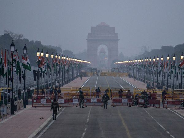 Rajpath, the ceremonial boulevard for Republic Day parade leading to landmark war memorial India Gate, is barricaded on the eve of Republic Day celebrations in New Delhi, India (Altaf Qadri/AP)