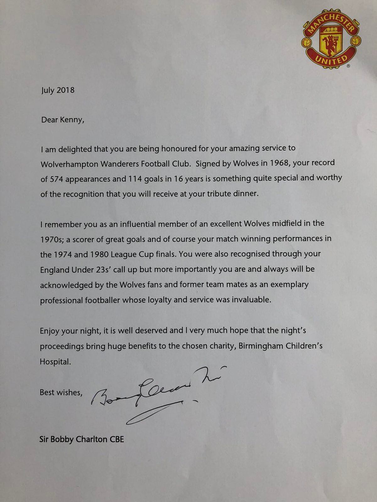 The letter from Sir Bobby Charlton. Pic: Steve Plant @wolvesmatchworn