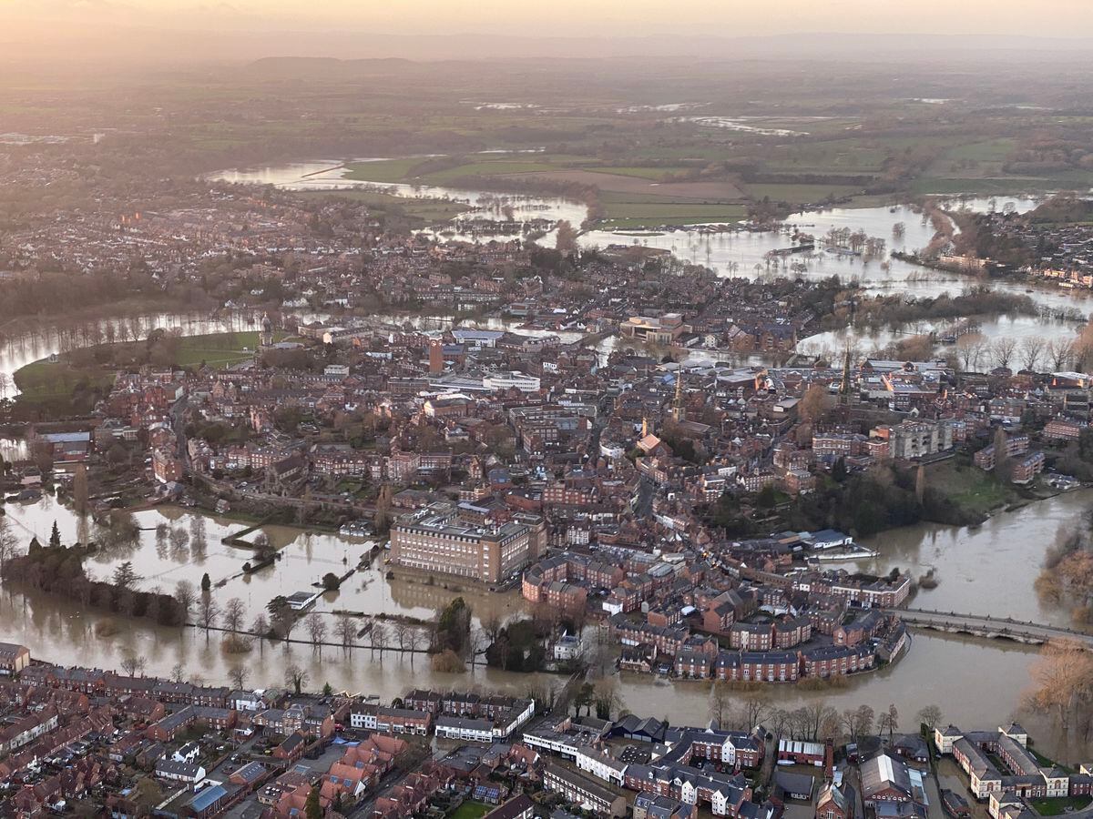 Shrewsbury's February 2022 flooding viewed from the air. Photo: Bruce Buglass