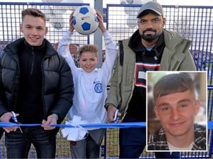 Jacob Ojelay, Riley East-Paddock, 12, and Kash Singh open the new pitch facilities in memory of Farley Kidner, inset