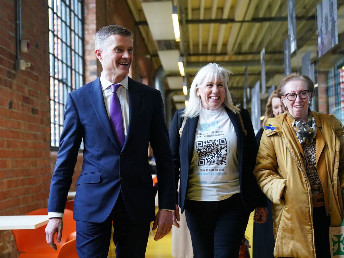 (Left-right) Transport Secretary Mark Harper, Amanda Solloway, MP for Derby North, and Margaret Beckett, MP for Derby South (Jacob King/PA)