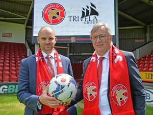 SPORT  COPYRIGHT TIM STURGESS EXPRESS AND  STAR...... 07/06/2022  Walsall FC are holding a press conference after announcing the club has been taken over by American firm, Trivela Group. Pictured, left, Benjamin Boycott and Leigh Pomlett....