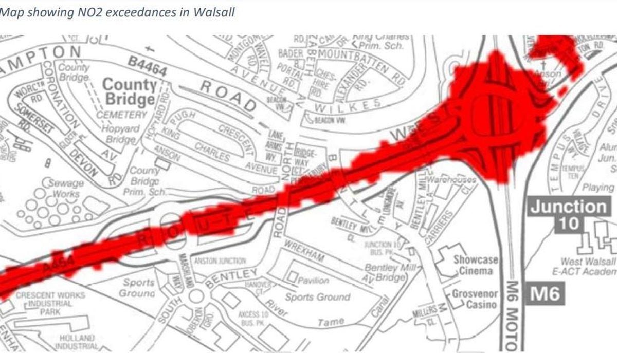 A map showing high level of nitrogen dioxide levels along the M6 motorway in Walsall. Photo: Walsall Council