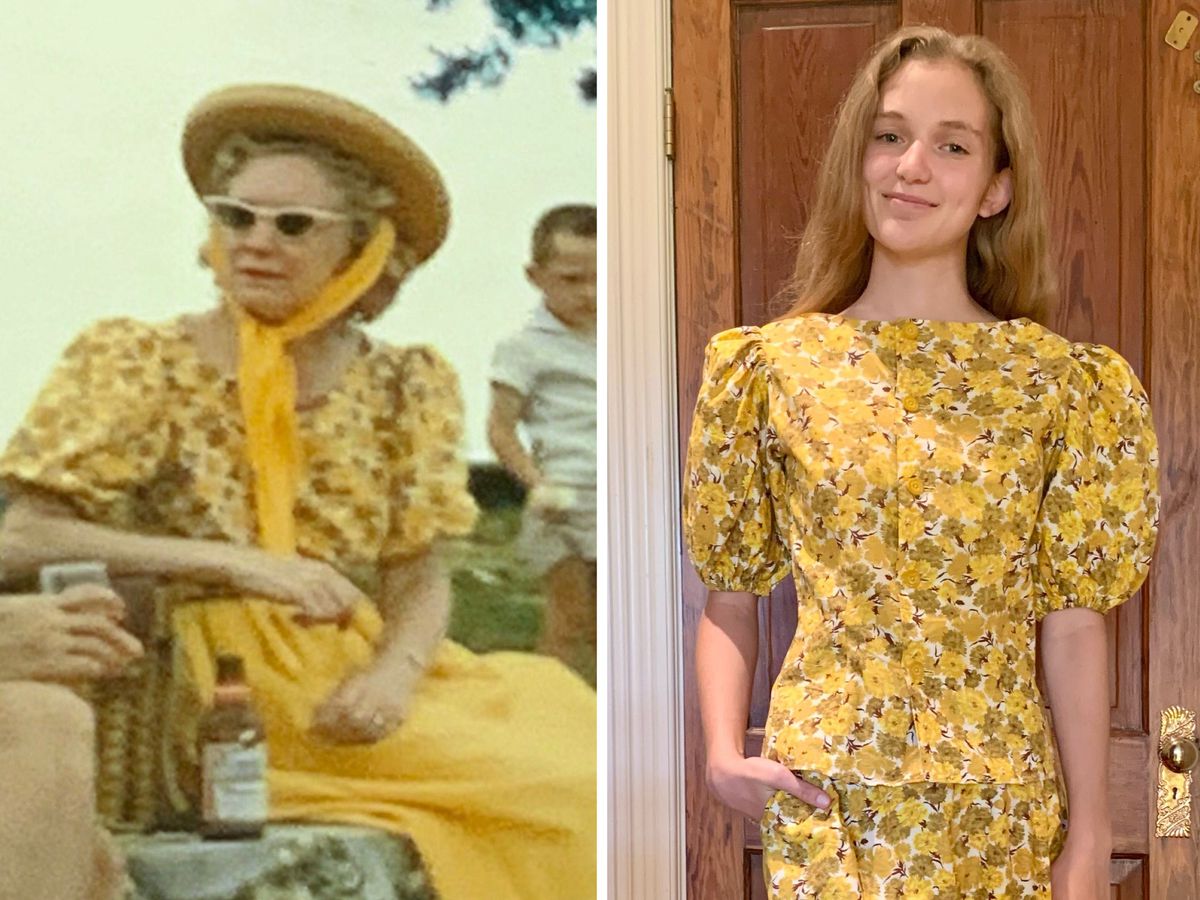 Isabelle Burch trying on one of the outfits found in a 'treasure chest' full of vintage clothes belonging to her deceased great aunt, Margaret Burch (left)