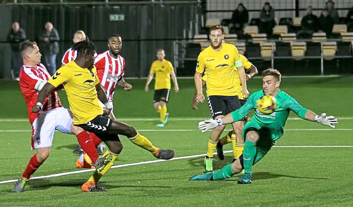 Orrin Pendley scores against Stourbridge during Rushall Olympic’s 3-2 win in the Southern League Challenge Cup tie during midweek   Picture: Steve Walker