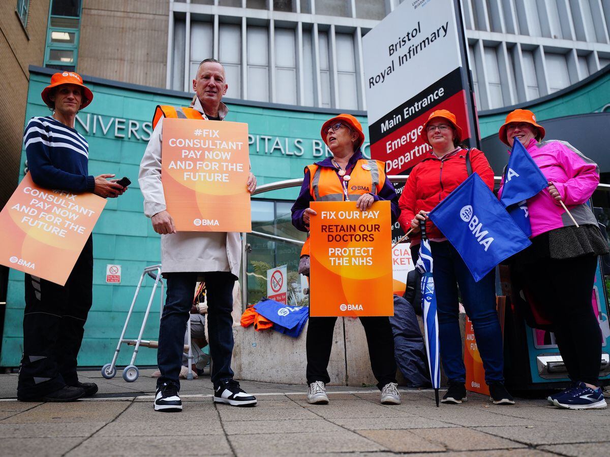 Members of the British Medical Association on the picket line outside University Hospitals Bristol and Weston, amid their dispute with the Government over pay