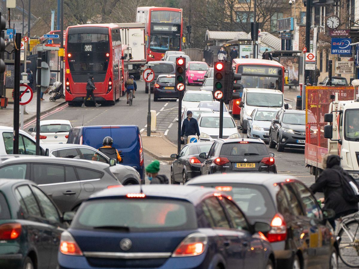 Vehicles queue in traffic in London