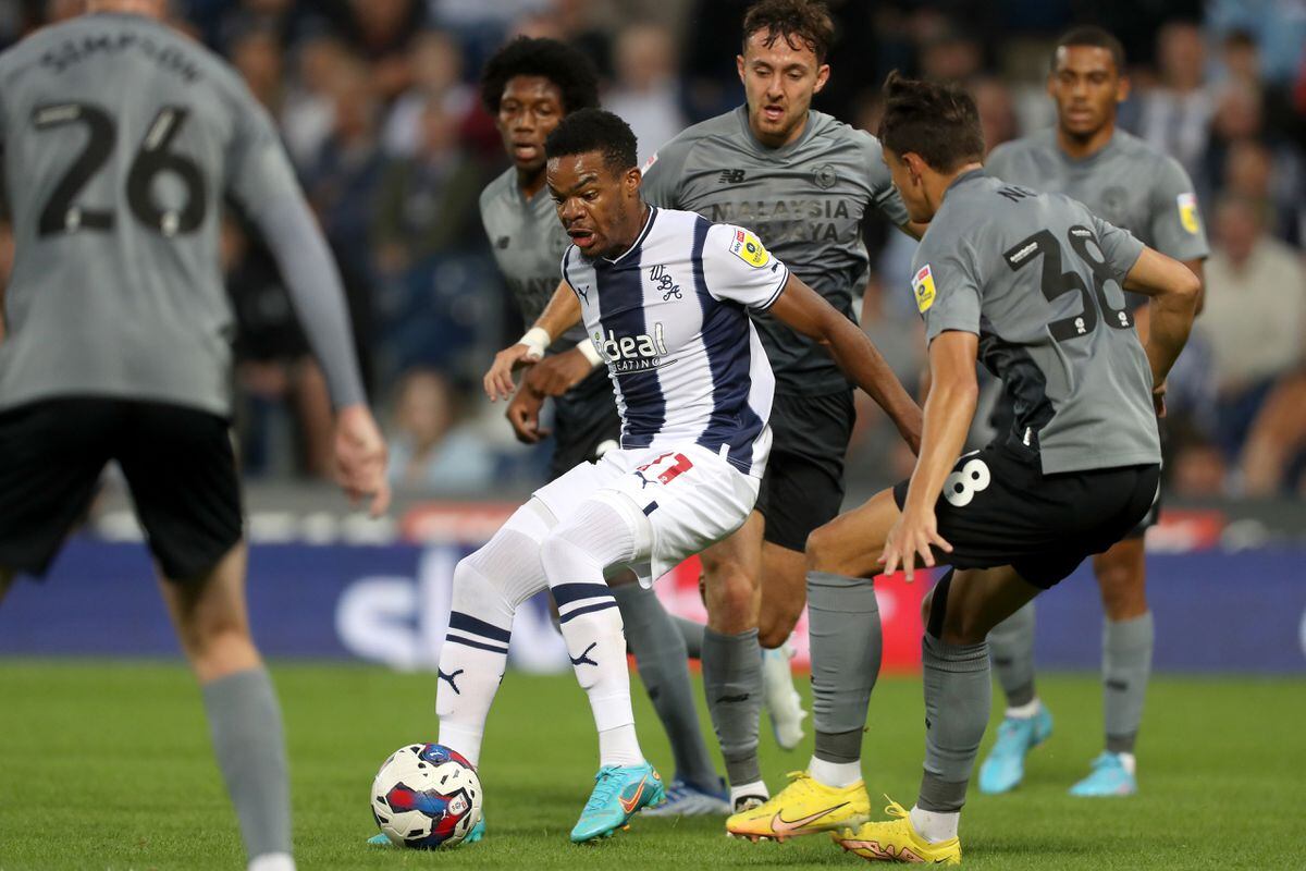 Grady Diangana of West Bromwich Albion is surrounded during the Sky Bet Championship between West Bromwich Albion and Cardiff City at The Hawthorns on August 17, 2022 in West Bromwich, United Kingdom. (Photo by Adam Fradgley/West Bromwich Albion FC via Getty Images).