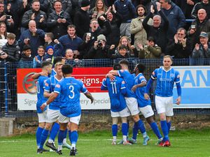 Halesowen Town’s players and fans celebrate a goal during Tuesday’s play-off semi-final win    Picture: Steve Evans