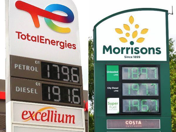 Prices have been cut at Total Energies in Blakenhall, Wolverhampton, left. Morrisons prices, right, reflect the higher charges at supermarket forecourts.