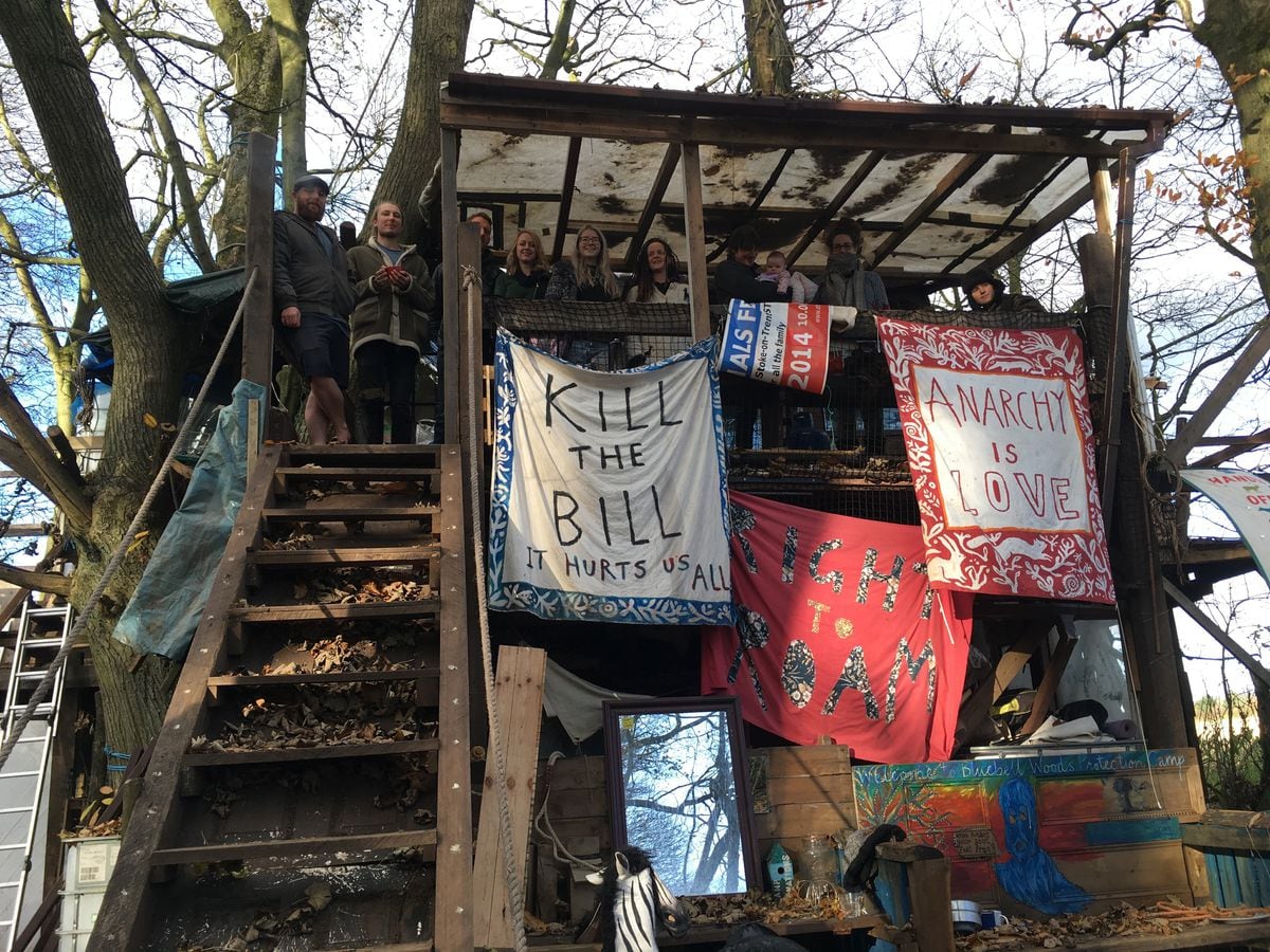Campaigners at the Bluebell Woods Protection Camp. Photo: Kerry Ashdown
