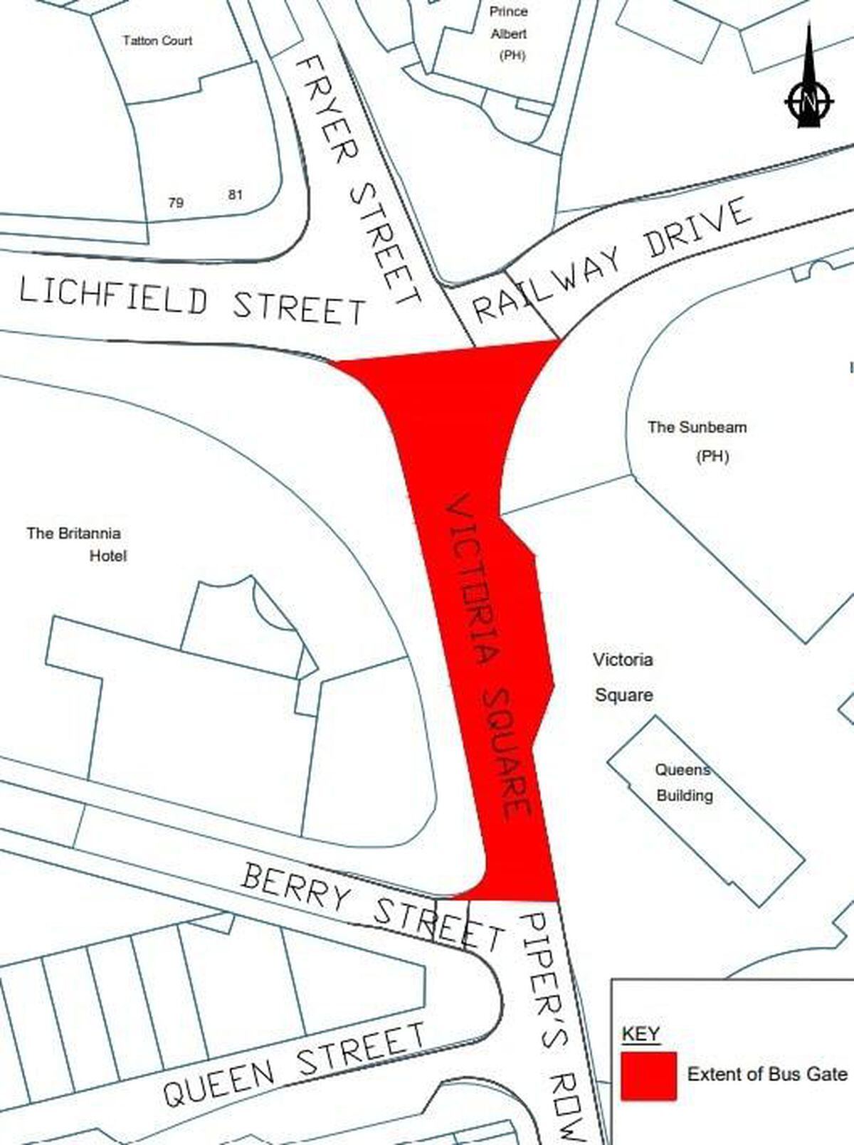 A diagram showing the location of the proposed bus gate in Victoria Square adjacent to Wolverhampton bus station in the city centre. Image: Wolverhampton Council