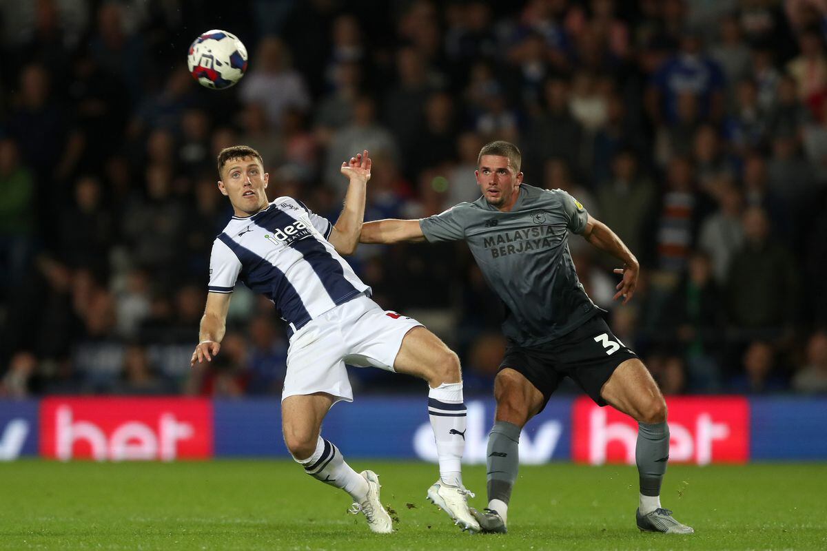  Dara O'Shea of West Bromwich Albion and Max Watters Cardiff City during the Sky Bet Championship between West Bromwich Albion and Cardiff City at The Hawthorns on August 17, 2022 in West Bromwich, United Kingdom. (Photo by Adam Fradgley/West Bromwich Albion FC via Getty Images).