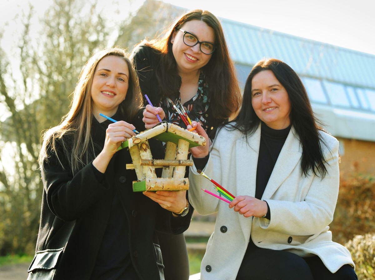 Promoting an art project with bird boxes, from U Island CIC (L to R) Olena Yanchuk, Irina Oshenye, and Julia Zerihun at RSPB Sandwell Valley in Great Barr