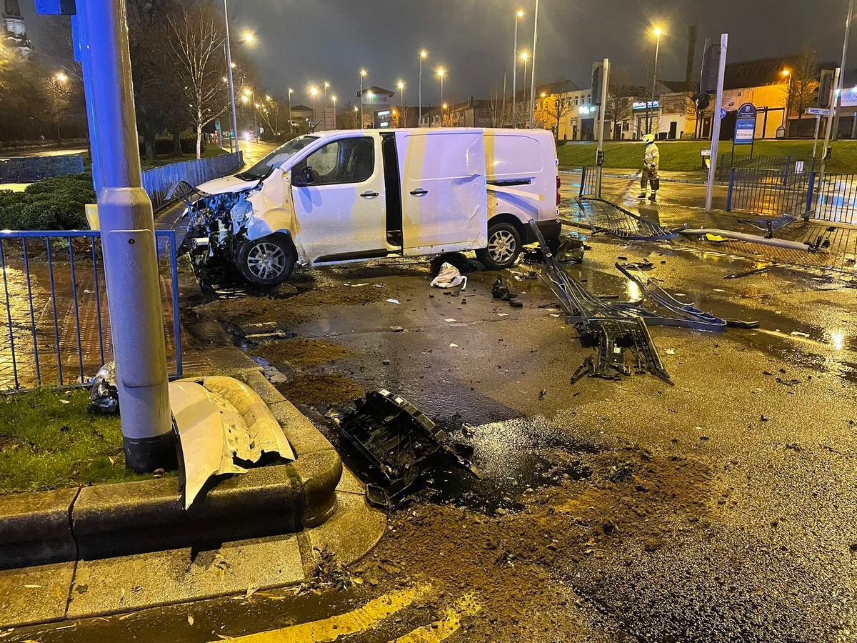 The van smashed into barriers and ended up sideways on the Wolverhampton ring road. Photo: Fallings Park Fire