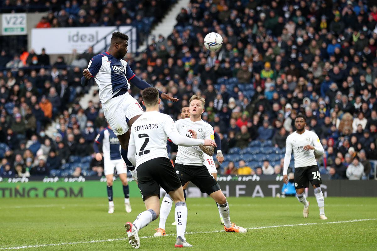 Daryl Dike of West Bromwich Albion heads over the bar (Photo by Adam Fradgley/West Bromwich Albion FC via Getty Images).