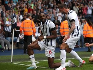 John Swift celebrates with Semi Ajayi after West Brom take the lead (Photo by Adam Fradgley/West Bromwich Albion FC via Getty Images).