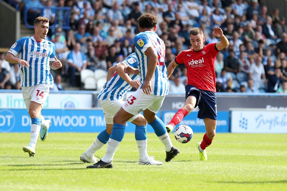 HUDDERSFIELD, ENGLAND - AUGUST 27: Jed Wallace of West Bromwich Albion scores a goal to make it 1-2  during the Sky Bet Championship between Huddersfield Town and West Bromwich Albion at John Smith's Stadium on August 27, 2022 in Huddersfield, United Kingdom. (Photo by Adam Fradgley/West Bromwich Albion FC via Getty Images).
