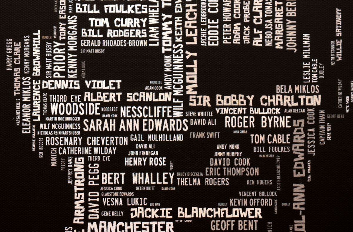 The artwork features supporter's names and words associated with Duncan Edwards