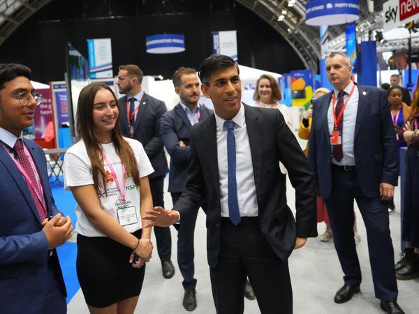 Prime Minister Rishi Sunak tours the Exhibitor’s Hall at the Manchester Central convention complex, during the Conservative Party annual conference