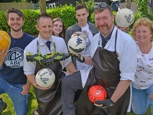WALSALL COPYRIGHT TIM STURGESS EXPRESS AND STAR......23/08/2021   BlackwoodÂ  butchers, Streetly, holding a charity football match to raise funds for a defibrillator. Picturd left, Jack Dubberley, Scott Murcott, Molly Millin,Ben Wright,Neil Puch and Michelle Stephens....