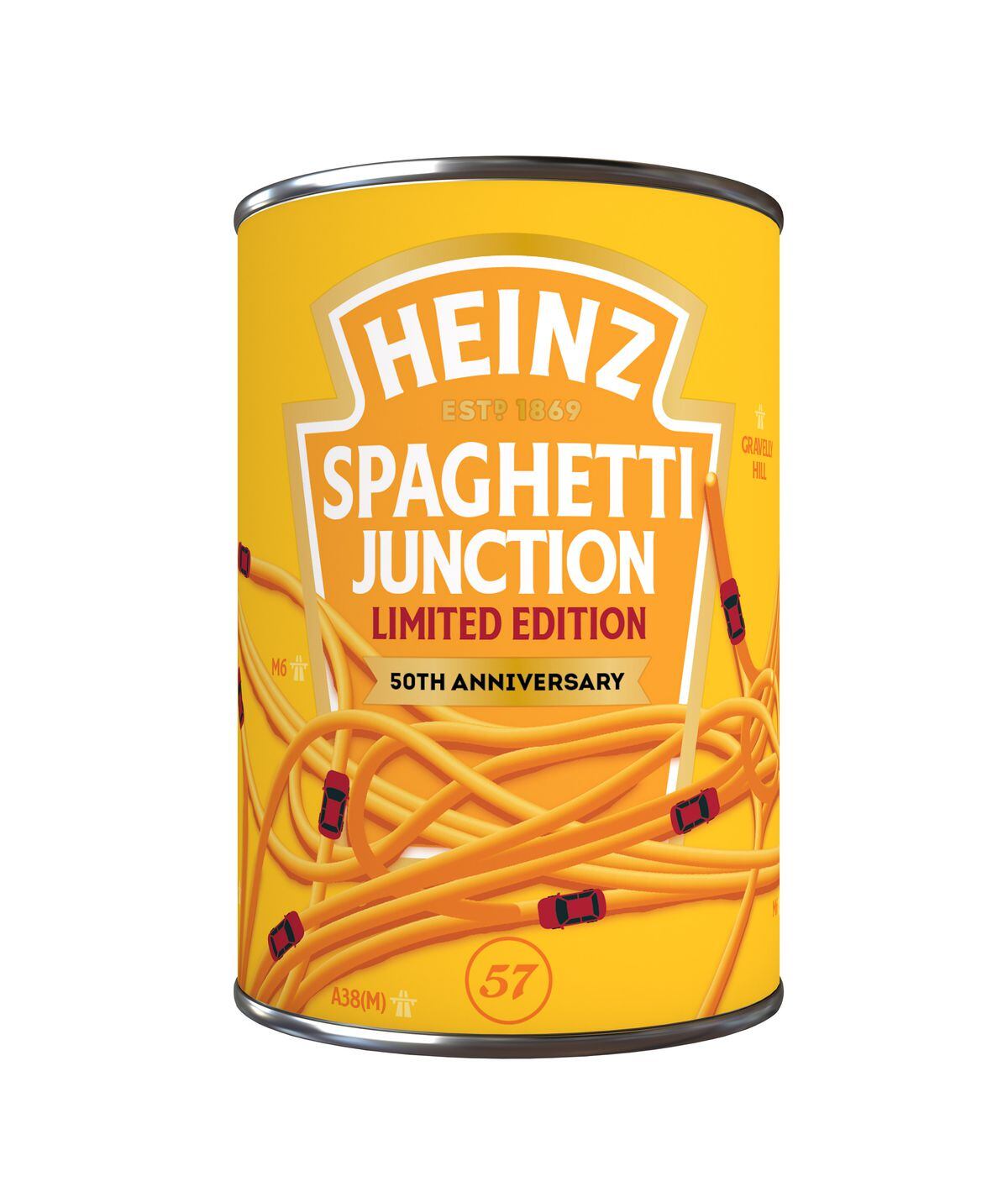 Heinz limited edition can of Heinz Spaghetti Junction pasta created to celebrate the 50th anniversary of Birmingham's Spaghetti Junction