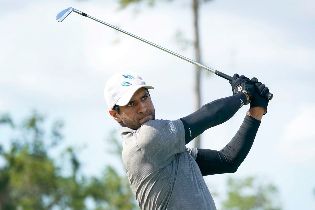 Aaron Rai, of England, hits on the 17th tee during the second round of the PGA Zurich Classic golf tournament, Friday, April 22, 2022, at TPC Louisiana in Avondale, La. (AP Photo/Gerald Herbert).